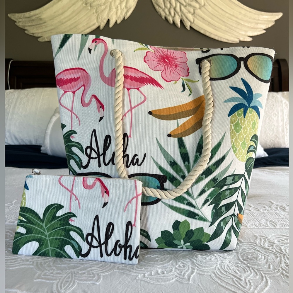 NWOT Tropical/flamingo themed canvas tote with matching accessories bag.